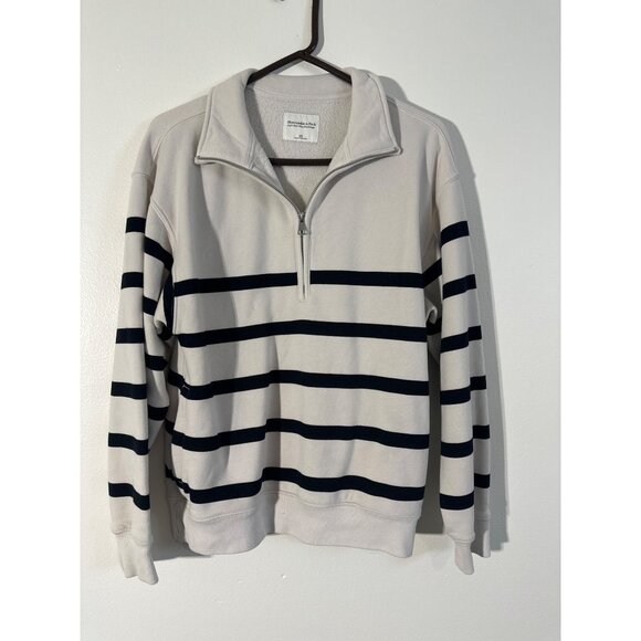 Abercrombie & Fitch XS Striped 1/4 Zip Pullover Beige/Navy - Picture 1 of 5